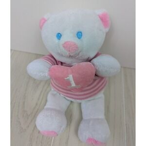 Amscan vintage Plush white teddy bear 1 Heart pink striped shirt blue eyes